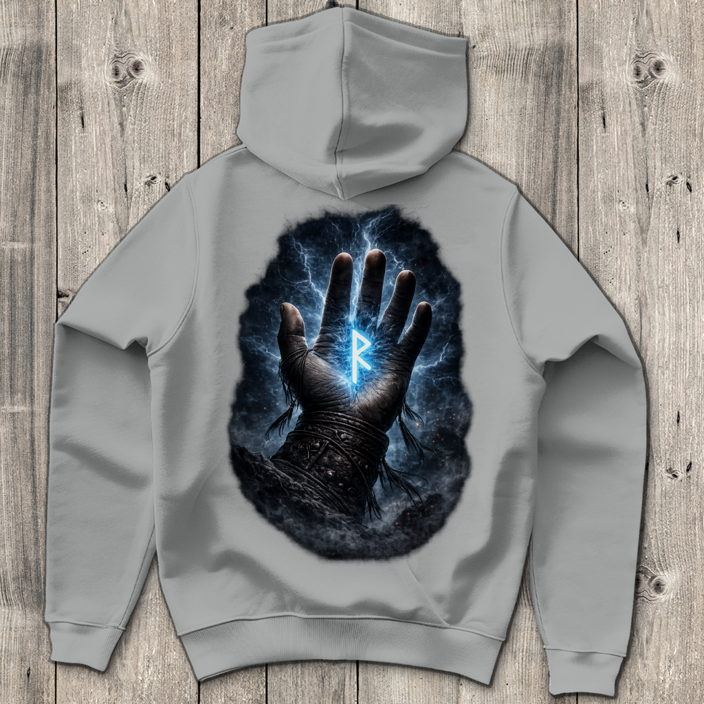 Herren Hoodie Blauer Rune in stürmischer Hand