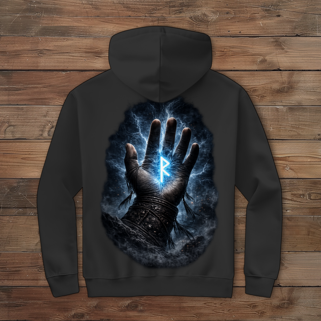 Herren Zipper Hoodie Blauer Rune in stürmischer Hand