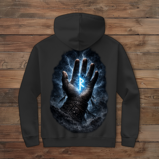 Herren Zipper Hoodie Blauer Rune in stürmischer Hand