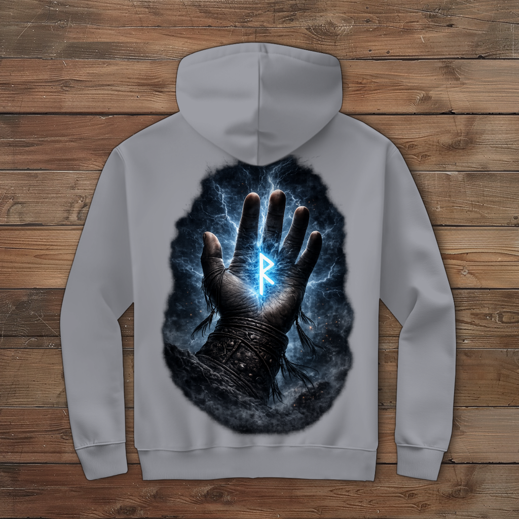 Herren Zipper Hoodie Blauer Rune in stürmischer Hand
