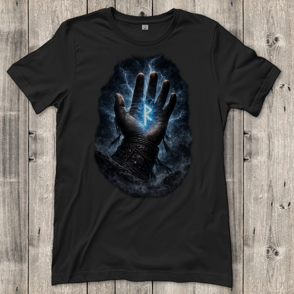 Damen T-Shirt Blauer Rune in stürmischer Hand