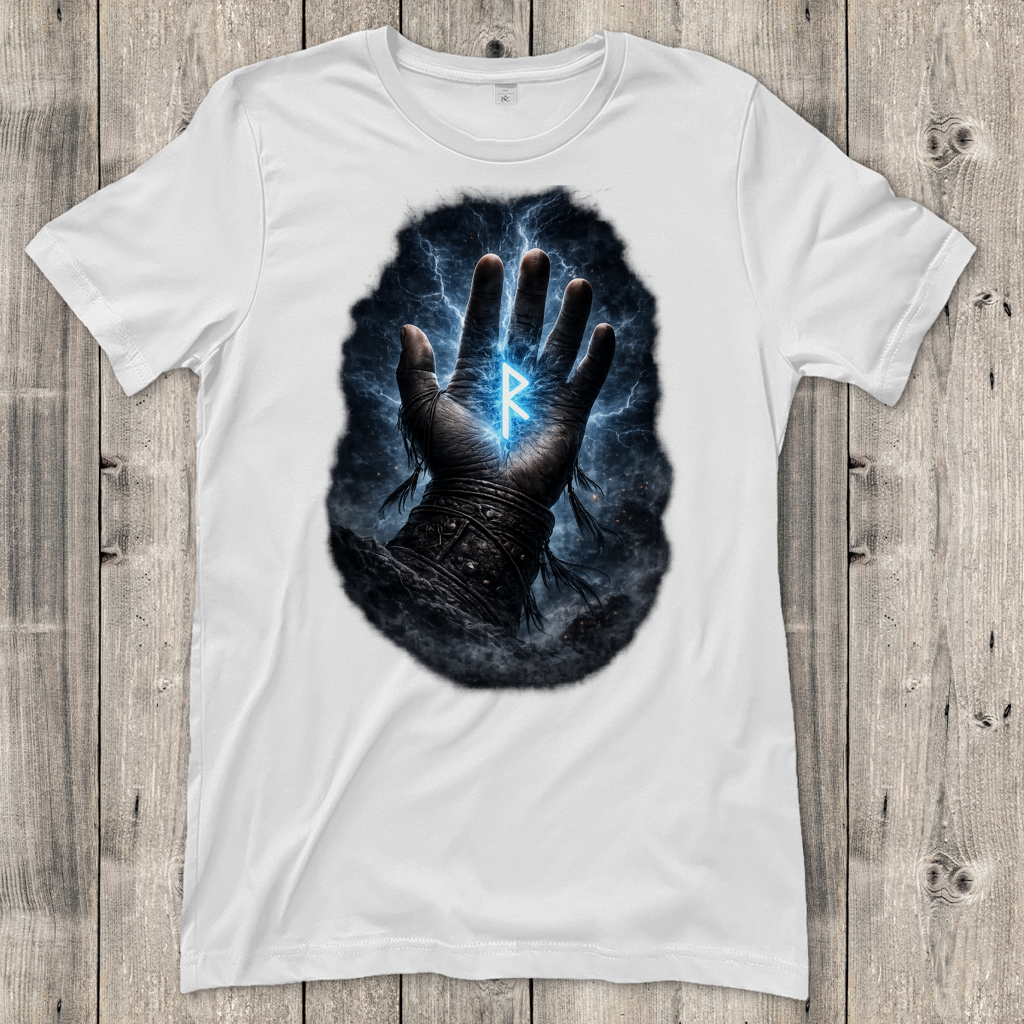 Damen T-Shirt Blauer Rune in stürmischer Hand