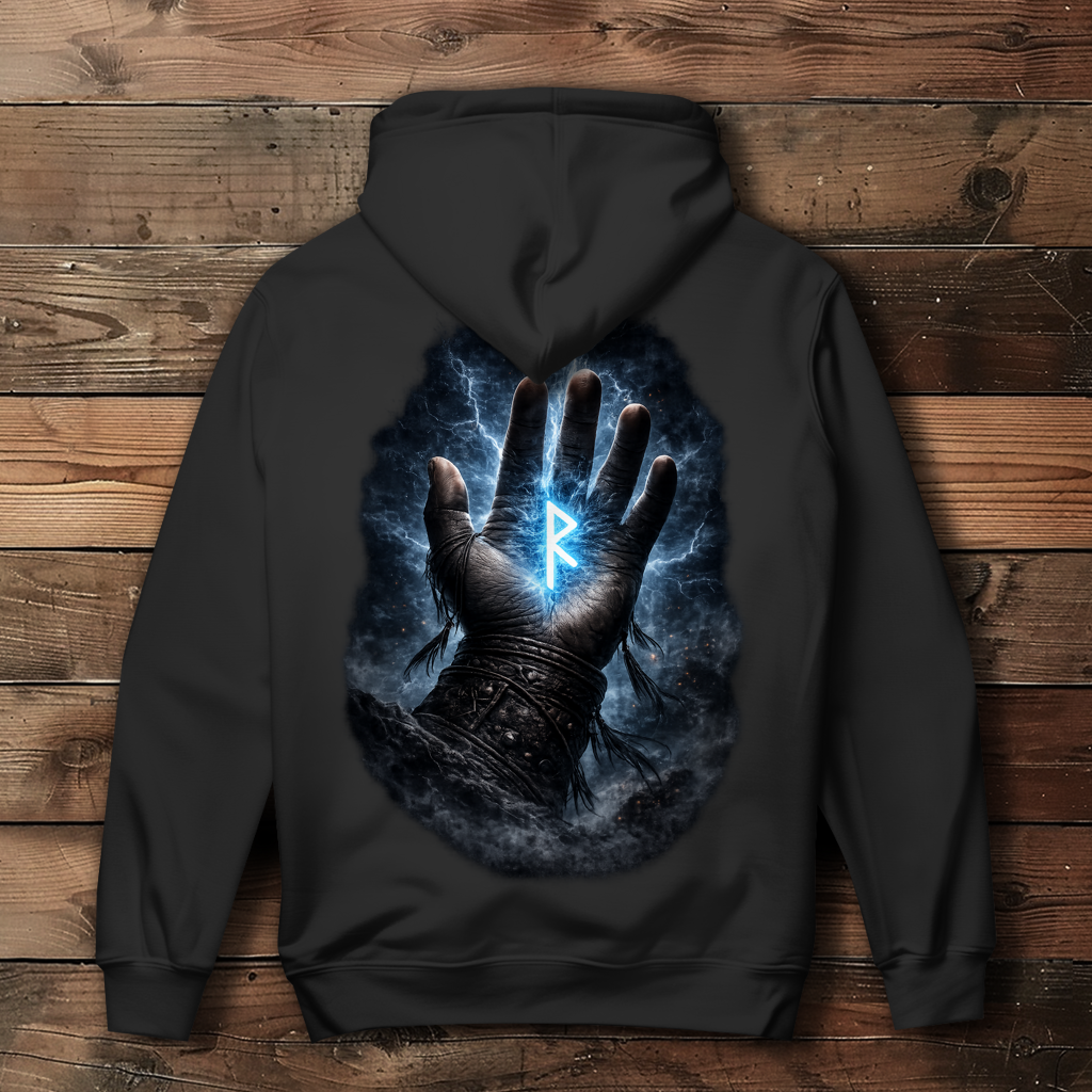 Damen Hoodie Blauer Rune in stürmischer Hand