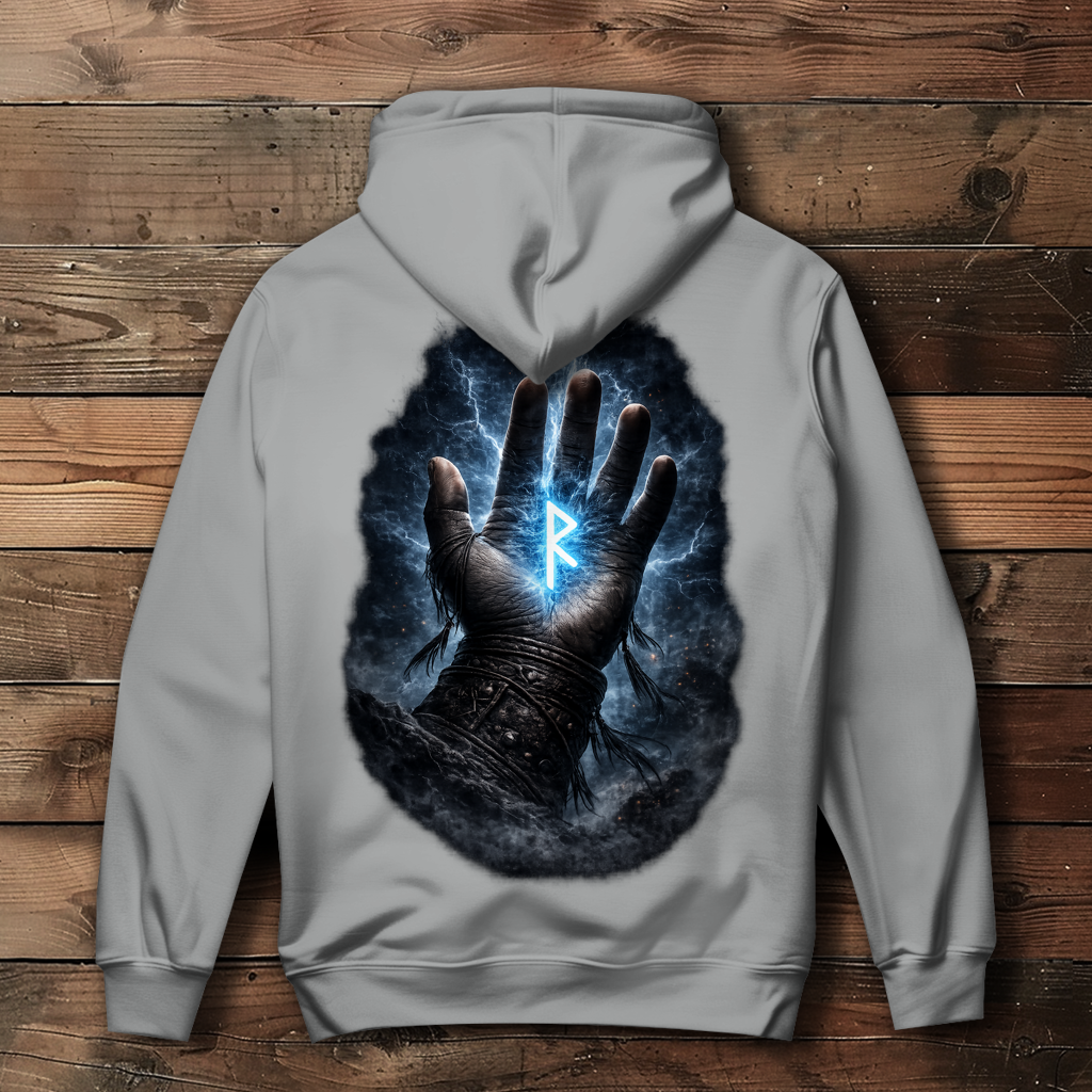 Damen Hoodie Blauer Rune in stürmischer Hand