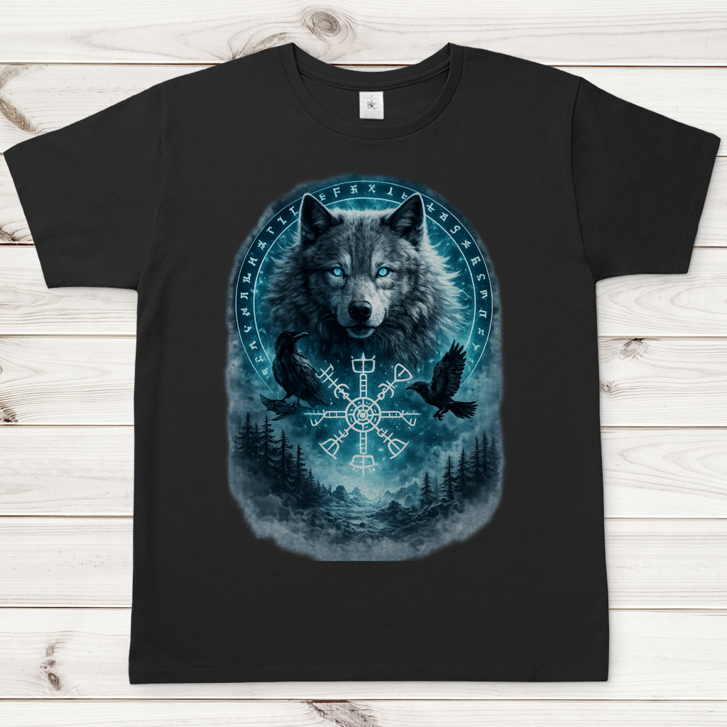 Herren T-Shirt Wolf mit Runen und Ravens