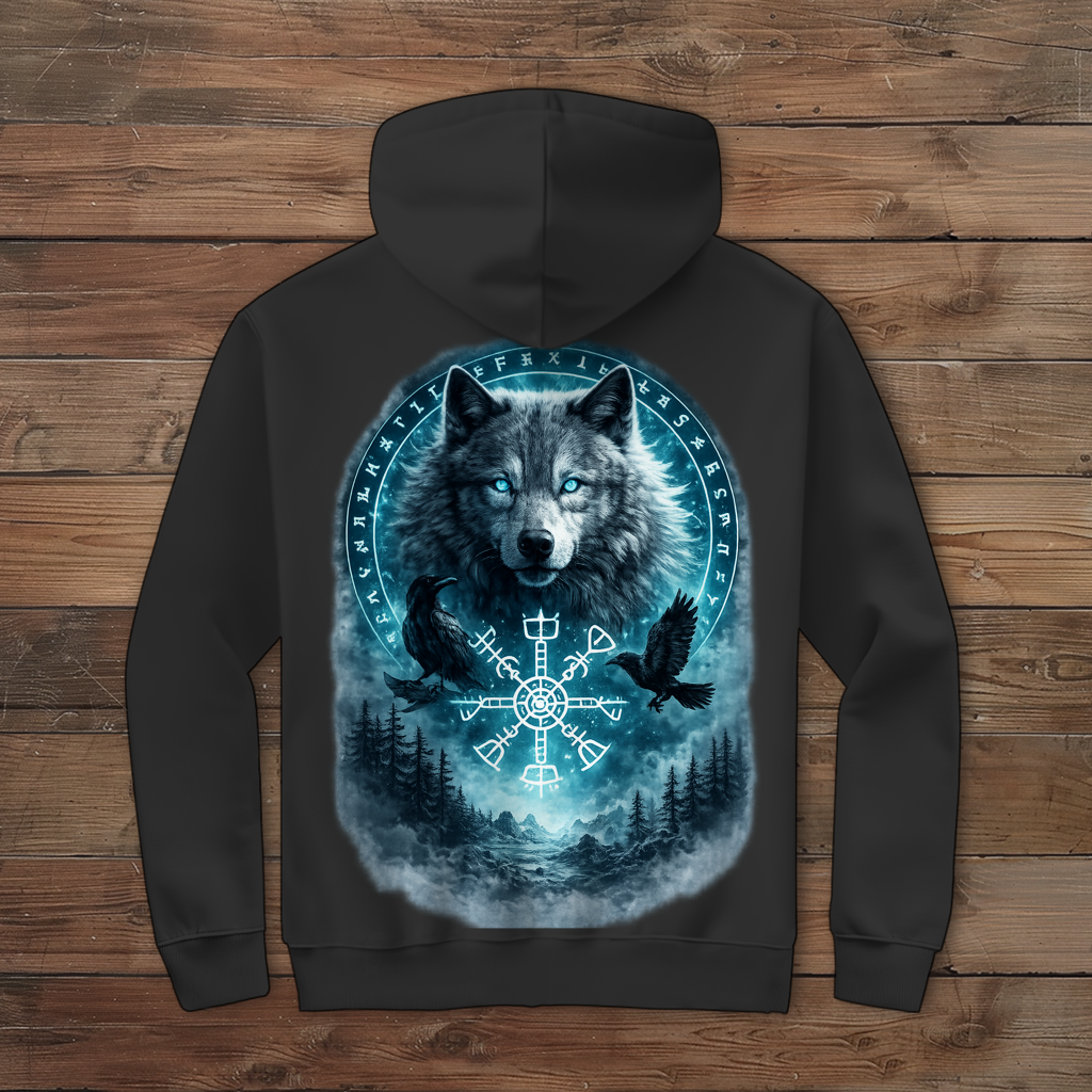 Herren Zipper Hoodie Wolf mit Runen und Ravens