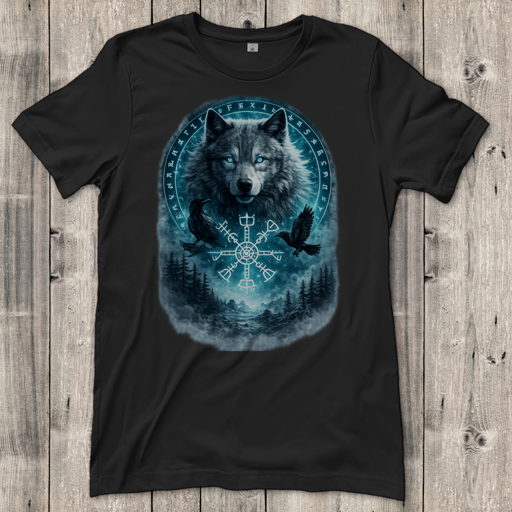 Damen T-Shirt Wolf mit Runen und Ravens