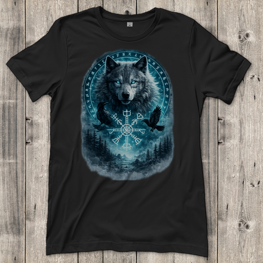 Damen T-Shirt Wolf mit Runen und Ravens