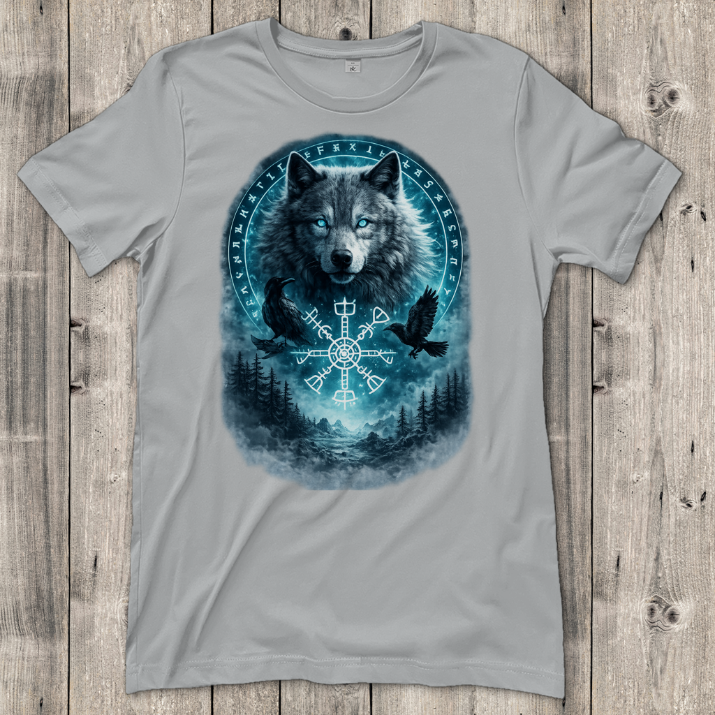 Damen T-Shirt Wolf mit Runen und Ravens