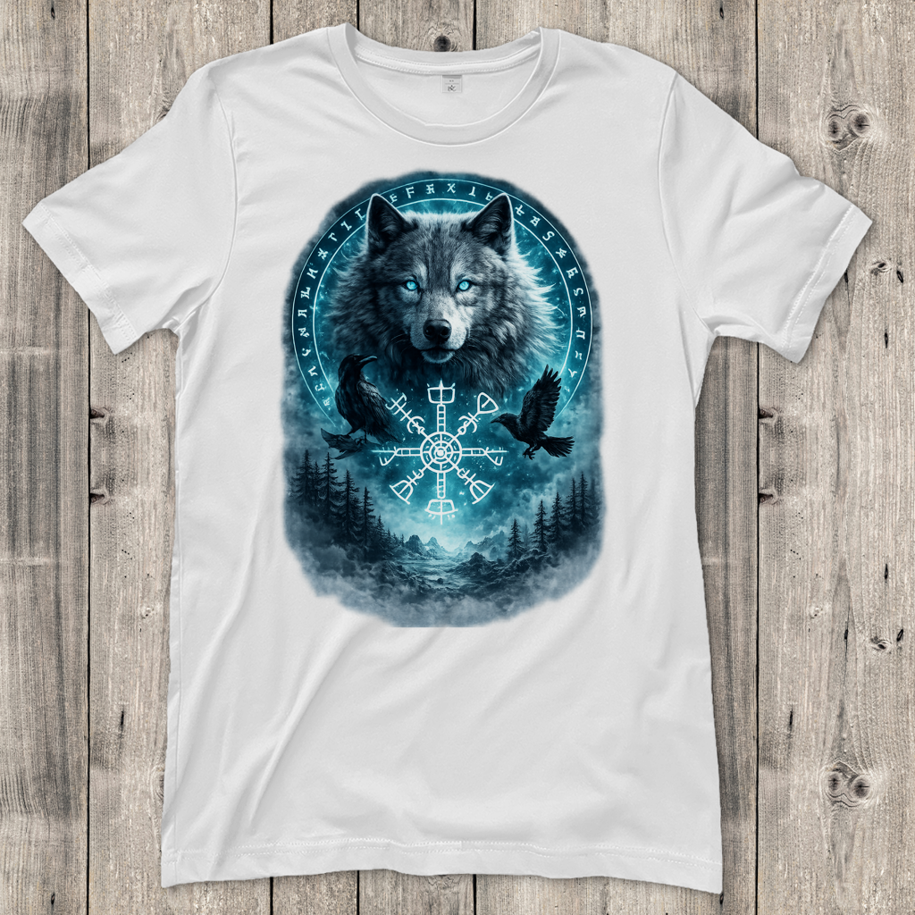 Damen T-Shirt Wolf mit Runen und Ravens