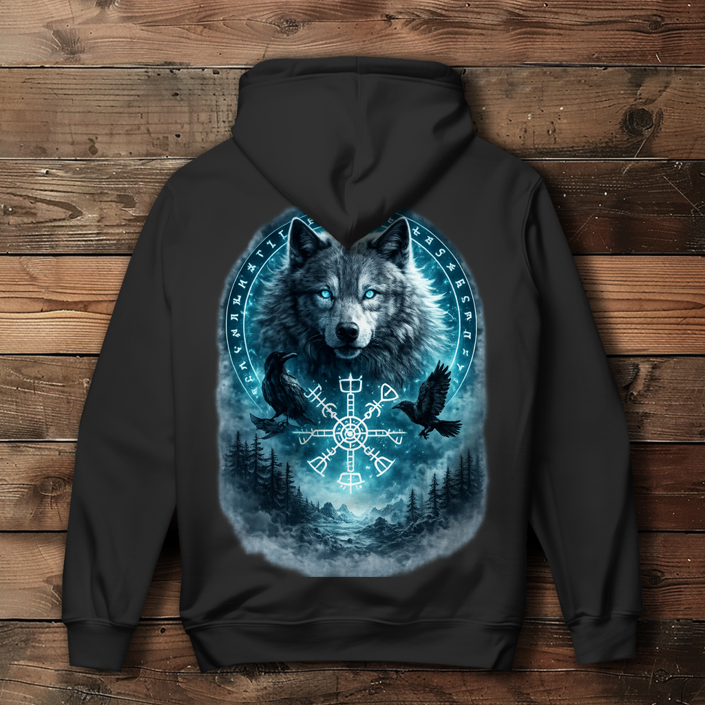 Damen Hoodie Wolf mit Runen und Ravens