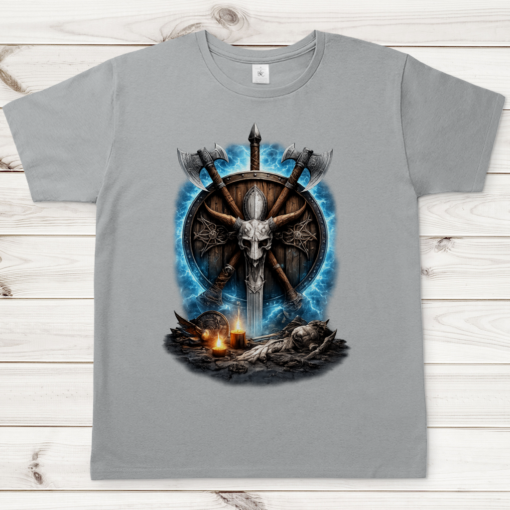 Herren T-Shirt Kreuzende Äxte und Dämonenschädel