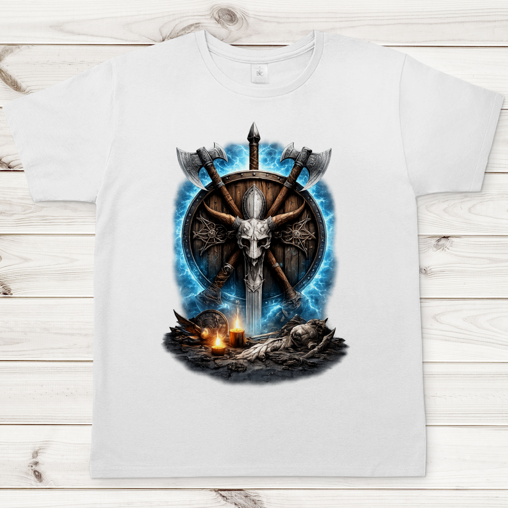 Herren T-Shirt Kreuzende Äxte und Dämonenschädel