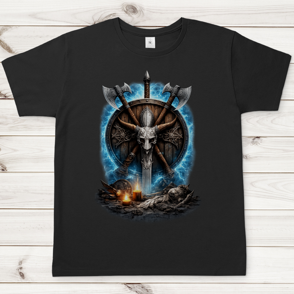 Herren T-Shirt Kreuzende Äxte und Dämonenschädel