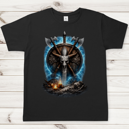Herren T-Shirt Kreuzende Äxte und Dämonenschädel