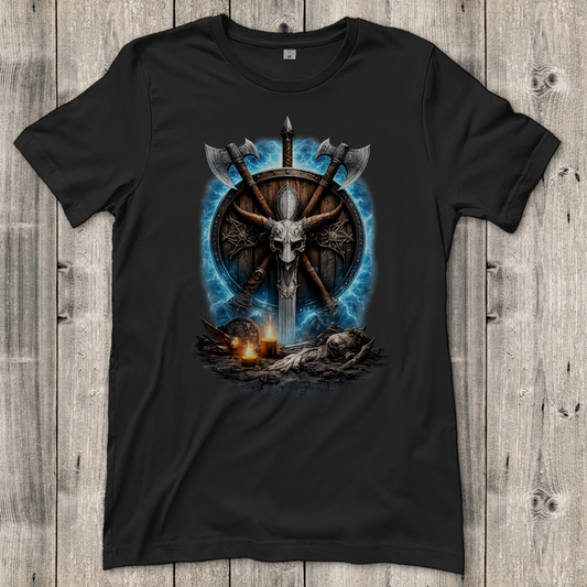 Damen T-Shirt Kreuzende Äxte und Dämonenschädel