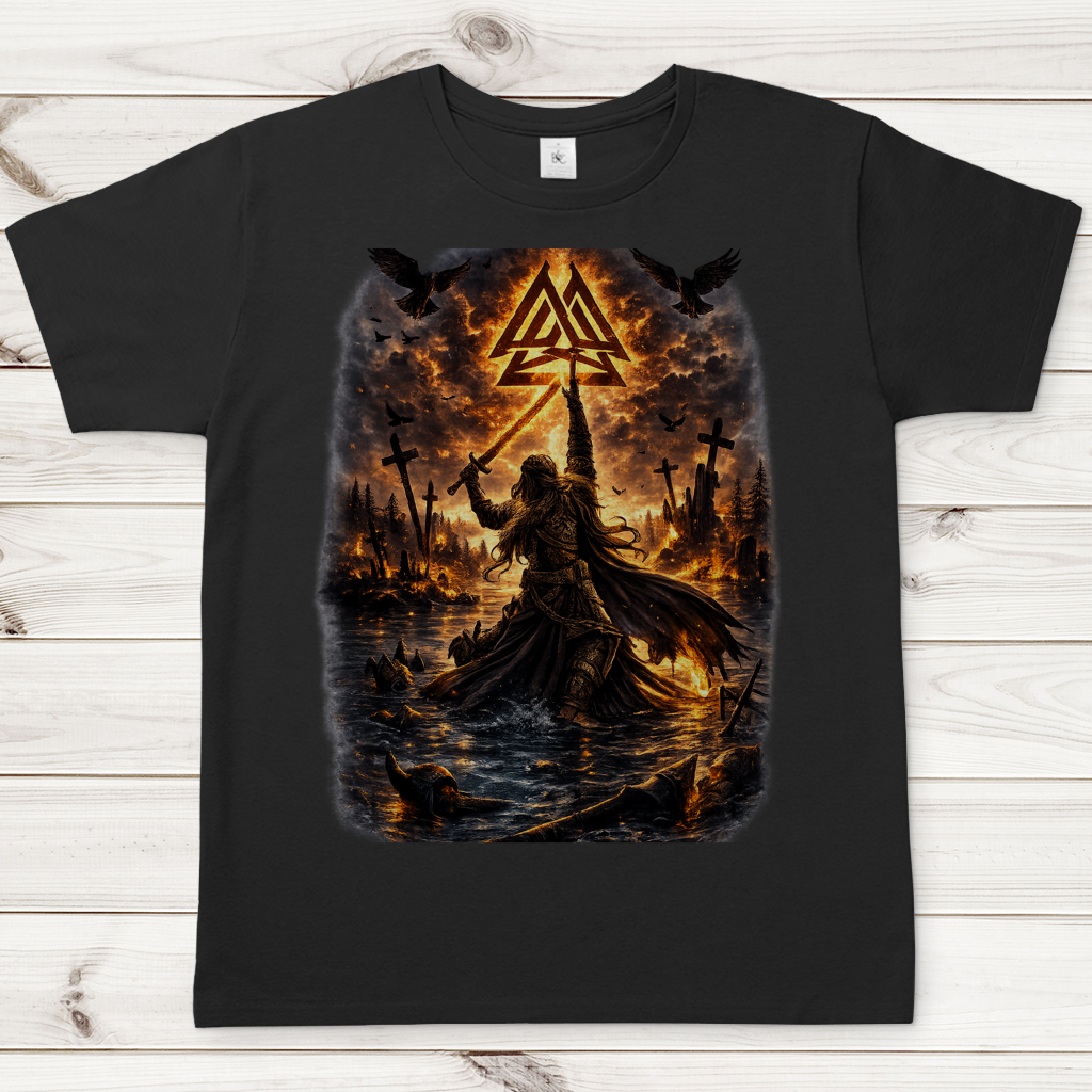 Herren T-Shirt Vikingkrieger im Brandgefecht