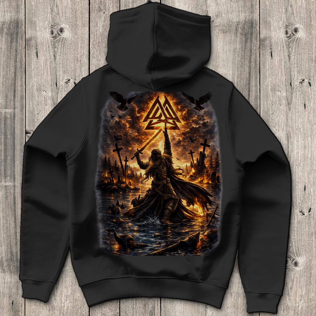 Herren Hoodie Vikingkrieger im Brandgefecht