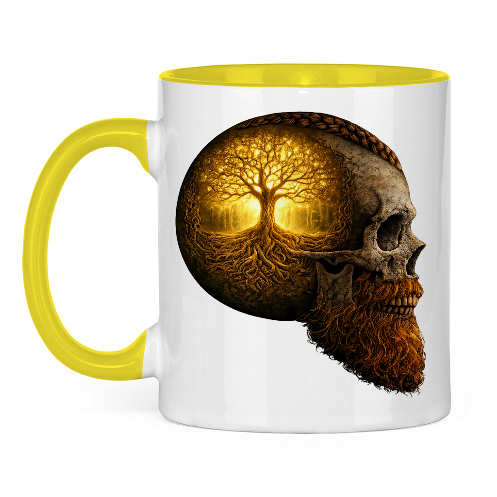 Tasse zweifarbig Leuchtender Baum im Schädelinneren gelb