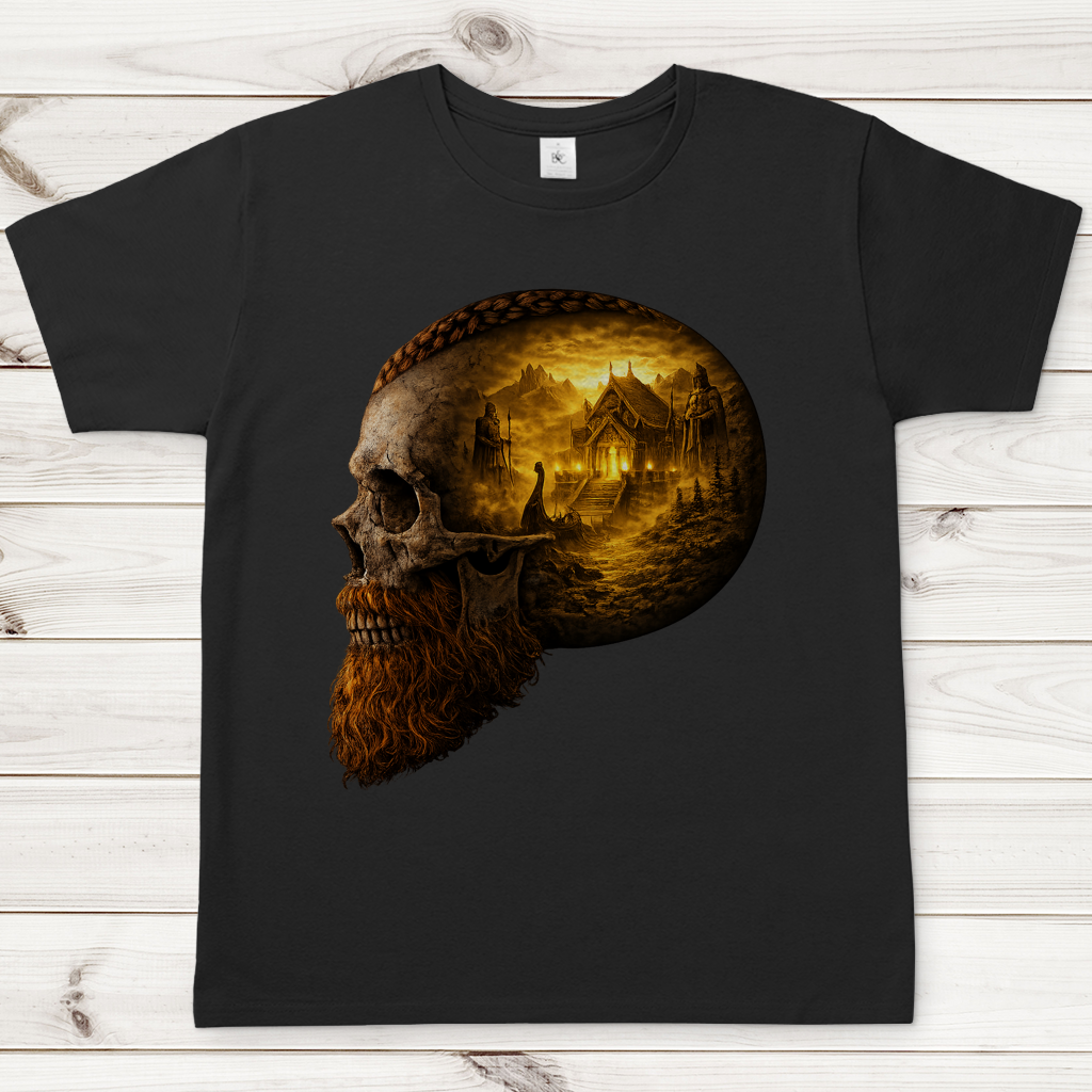Herren T-Shirt Norse-Landschaft im Schädelfreien Raum gelb