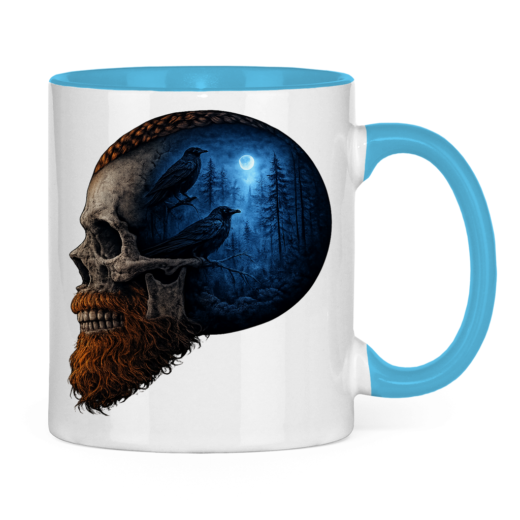 Tasse zweifarbig Schädel im Nebelwald blau