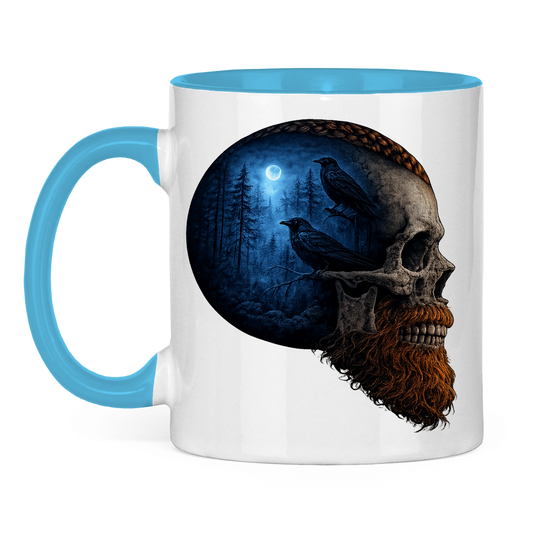 Tasse zweifarbig Schädel im Nebelwald blau