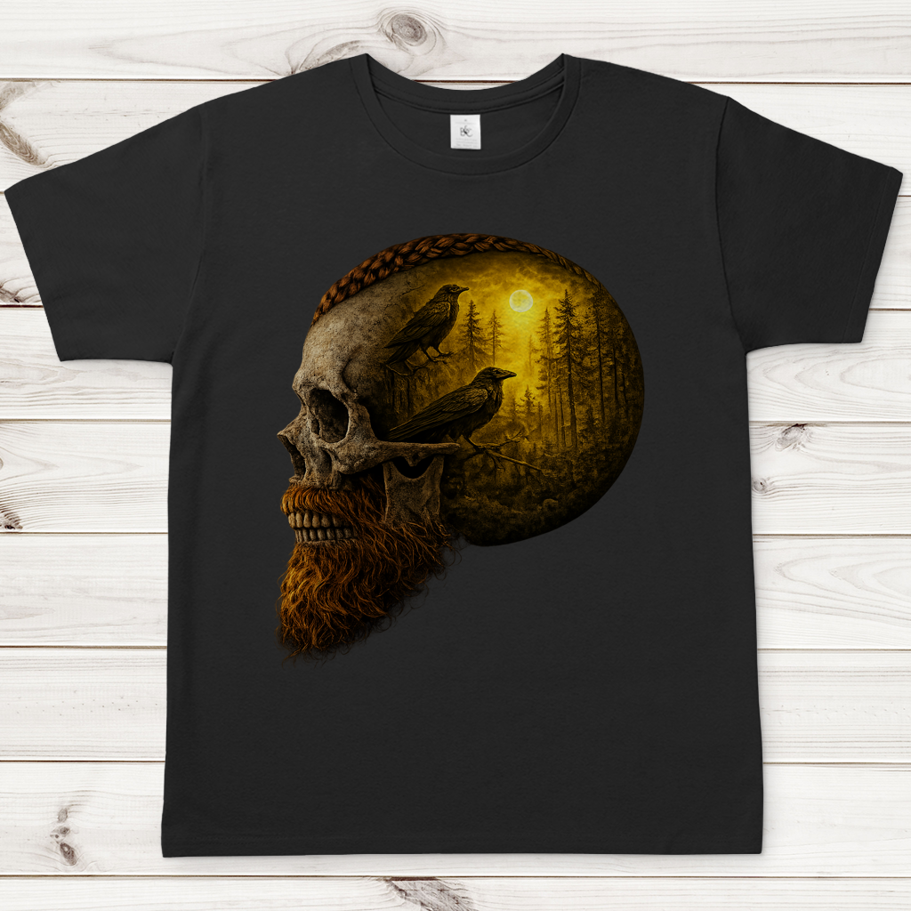 Herren T-Shirt Schädel im Nebelwald gelb