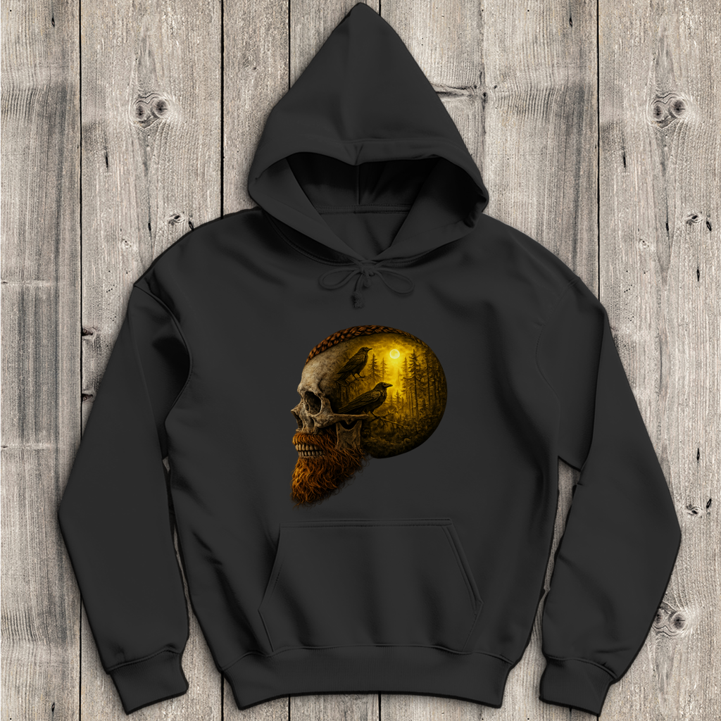 Herren Hoodie Schädel im Nebelwald gelb