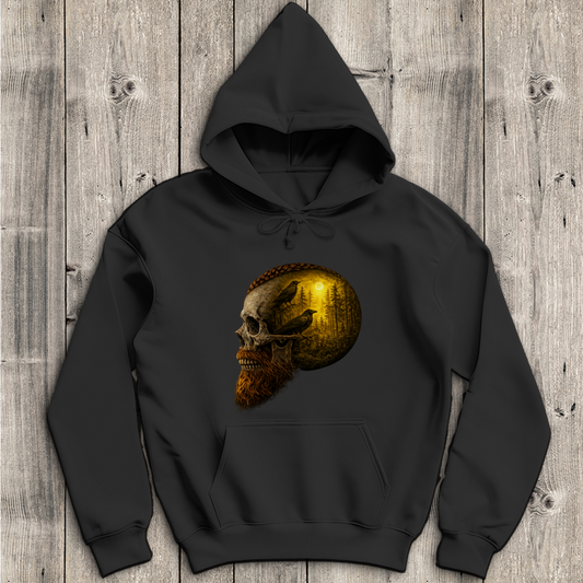 Herren Hoodie Schädel im Nebelwald gelb