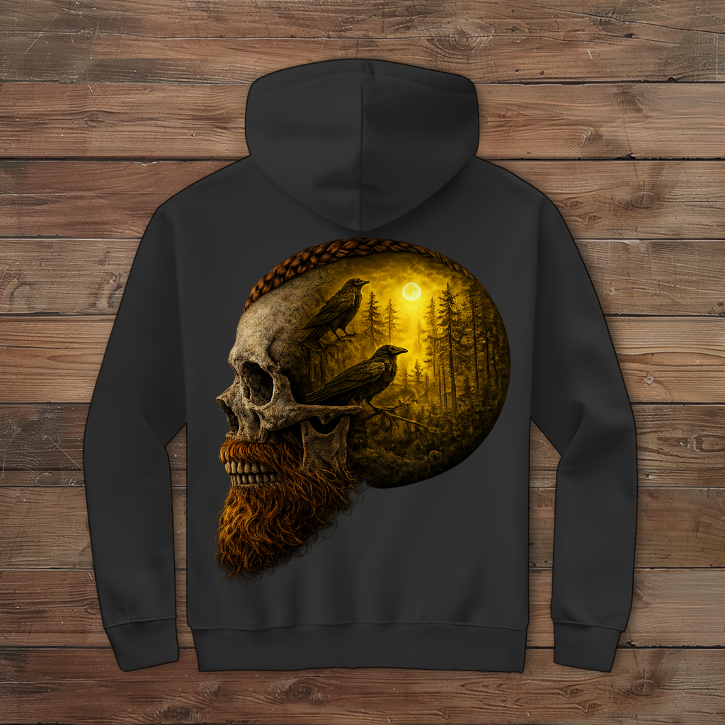 Herren Zipper Hoodie Schädel im Nebelwald gelb