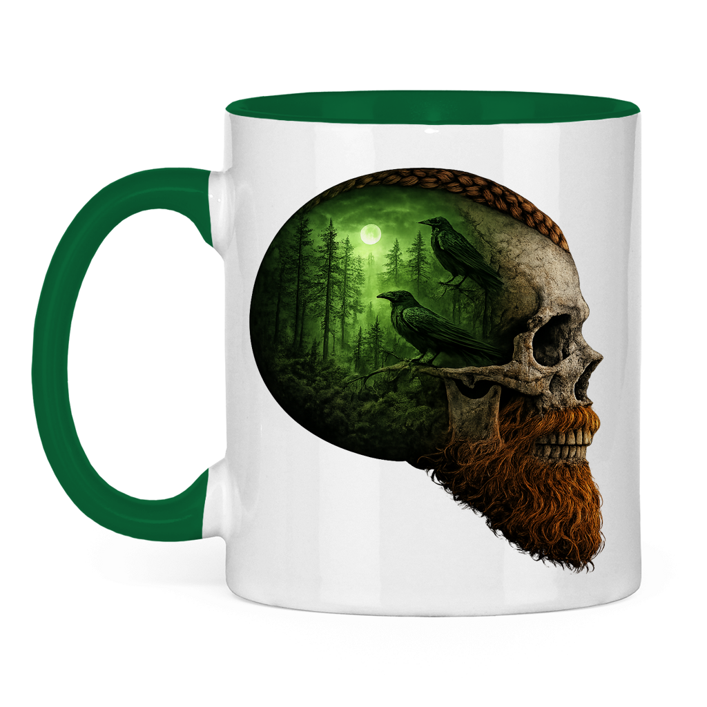 Tasse zweifarbig Schädel im Nebelwald grün