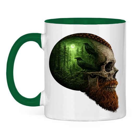 Tasse zweifarbig Schädel im Nebelwald grün