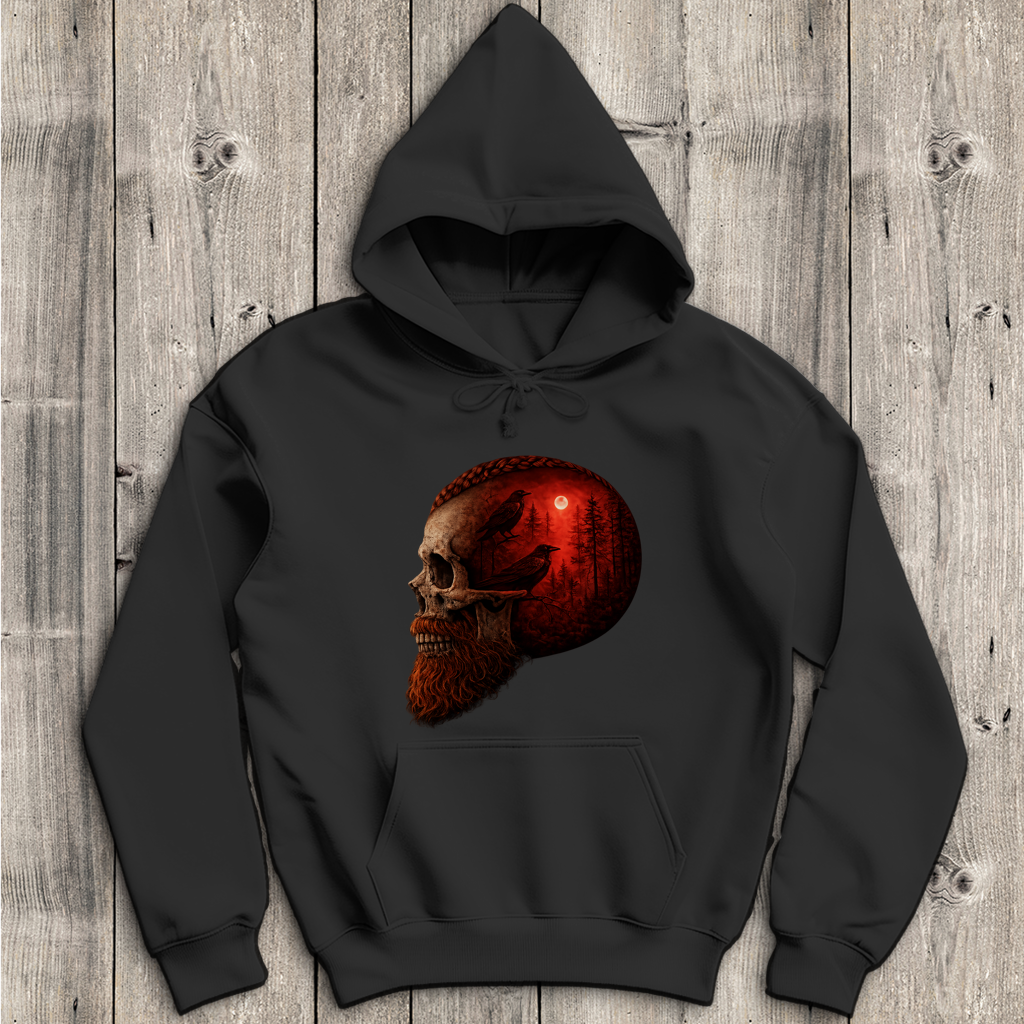 Herren Hoodie Schädel im Nebelwald rot