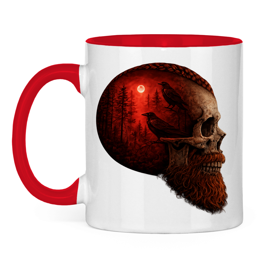 Tasse zweifarbig Schädel im Nebelwald rot