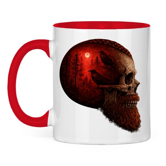 Tasse zweifarbig Schädel im Nebelwald rot