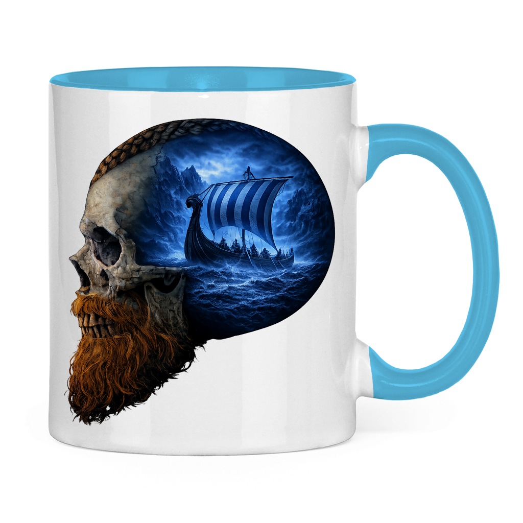Tasse zweifarbig Vikinger im Schädelmeer blau