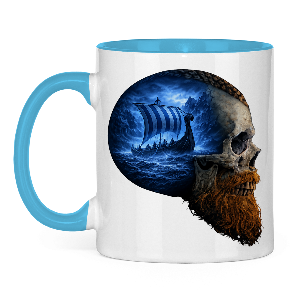 Tasse zweifarbig Vikinger im Schädelmeer blau