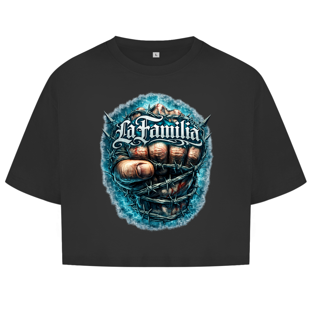 Damen Oversize Crop Top Blutige Faust und barbed Wire