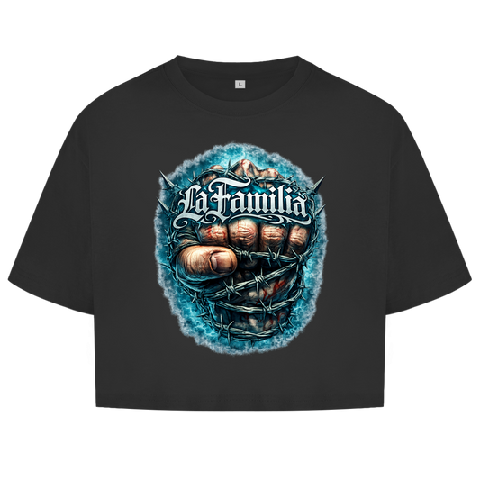 Damen Oversize Crop Top Blutige Faust und barbed Wire