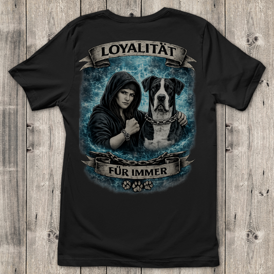 Damen T-Shirt La Familia für immer mit Deutsche Dogge