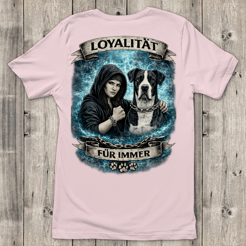 Damen T-Shirt La Familia für immer mit Deutsche Dogge