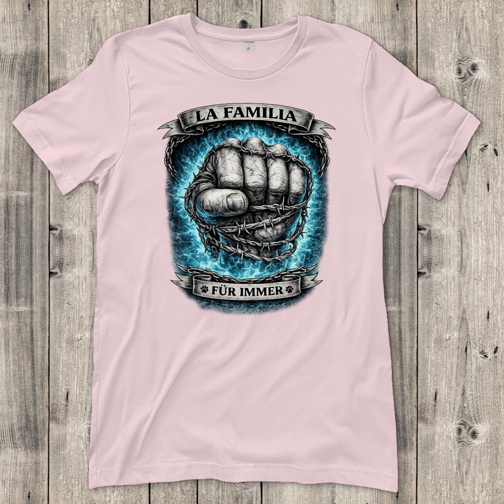 Damen T-Shirt La Familia für immer mit Bull Terrier