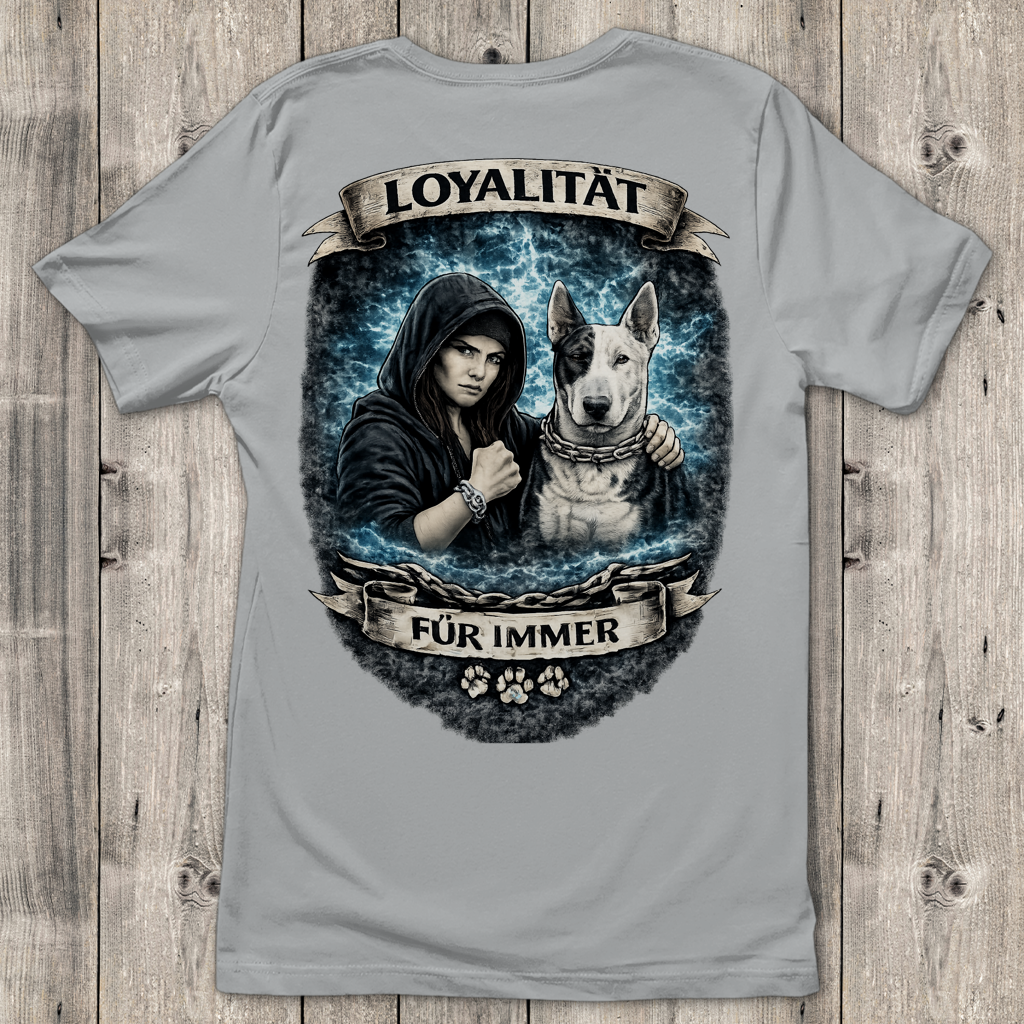 Damen T-Shirt La Familia für immer mit Bull Terrier