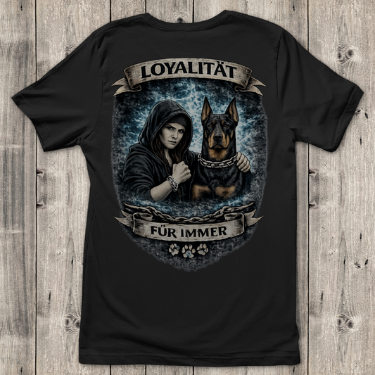 Damen T-Shirt La Familia für immer mit Dobermann