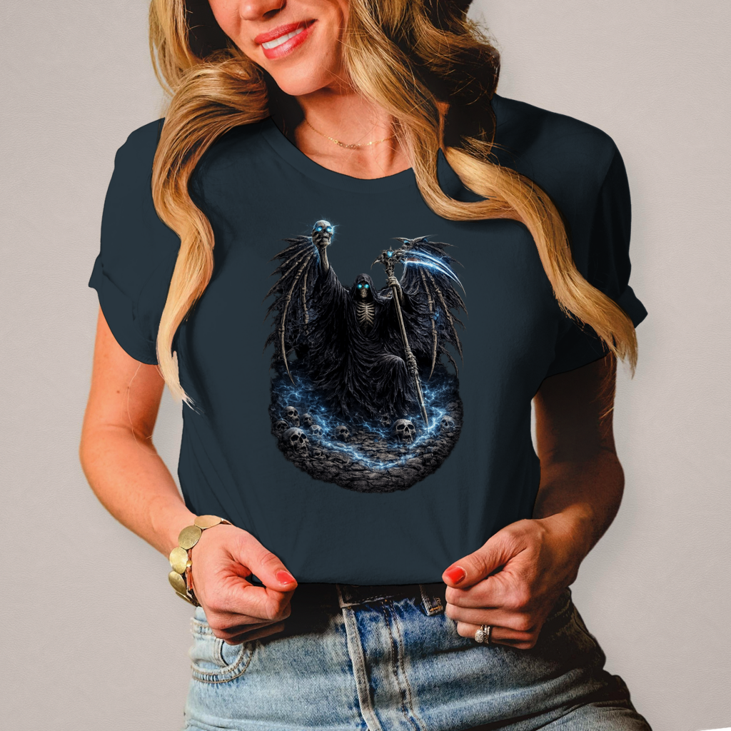 Damen T-Shirt Der finstere Sensenmann im Nebel