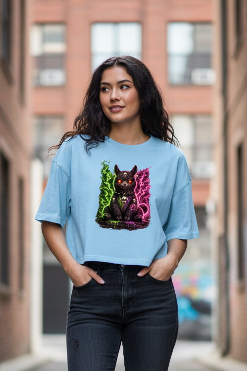 Damen Oversize Crop Top Dämonische Lama in grüner und pinker Magie