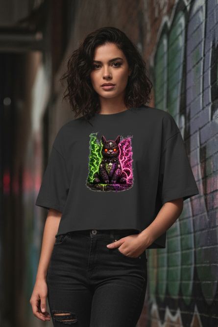 Damen Oversize Crop Top Dämonische Lama in grüner und pinker Magie