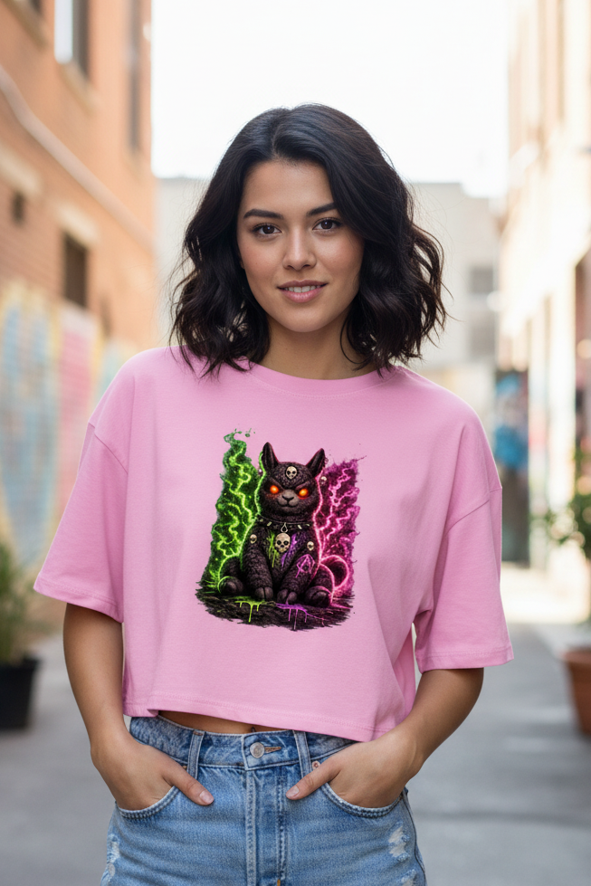 Damen Oversize Crop Top Dämonische Lama in grüner und pinker Magie