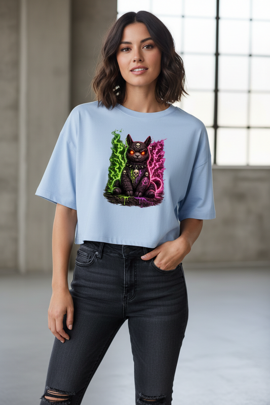 Damen Oversize Crop Top Dämonische Lama in grüner und pinker Magie