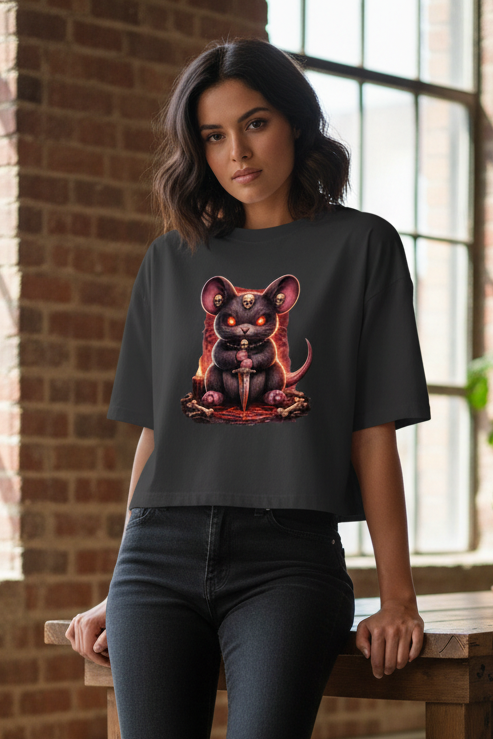 Damen Oversize Crop Top Dämonische Maus im blutigen Pentagramm